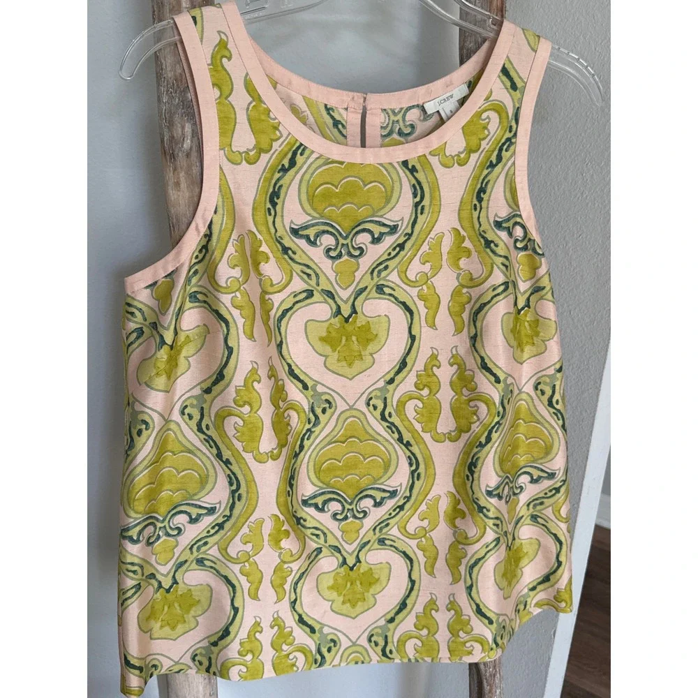 J.Crew silk shell top soft pink base ornate green filigree scroll print size 8